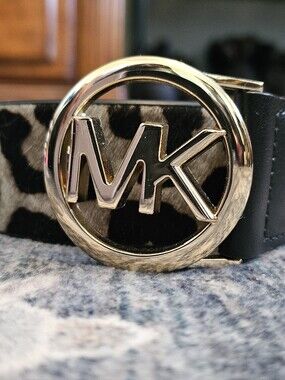 Michael Kors Pony Hair Leopard Print Belt – Gold MK Buckle – Size XL – Brand New